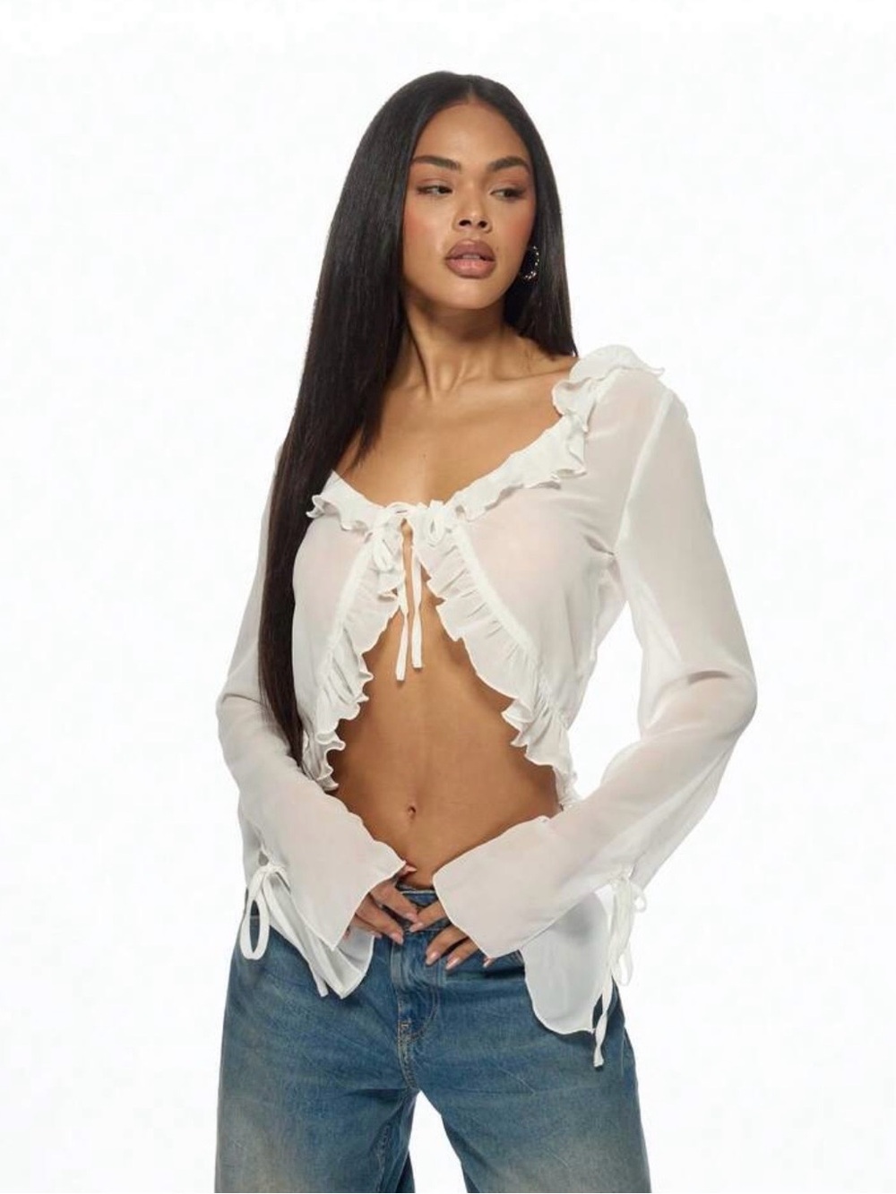 Missguided Sheer White Ruffle Tie-Front Blouse